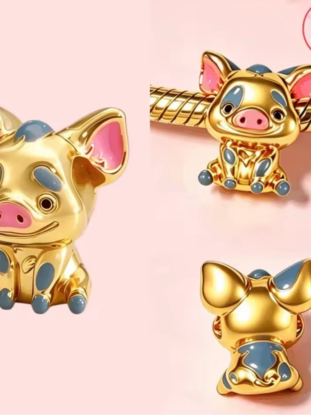 Sterling Silver Gold finish Pink Pig Charm Bead